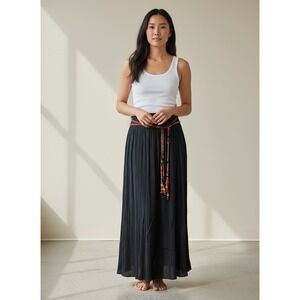 Vintage CAROLE LITTLE Midi Skirt Sz 16 Black Crinkle Boho Beaded Belt Festival